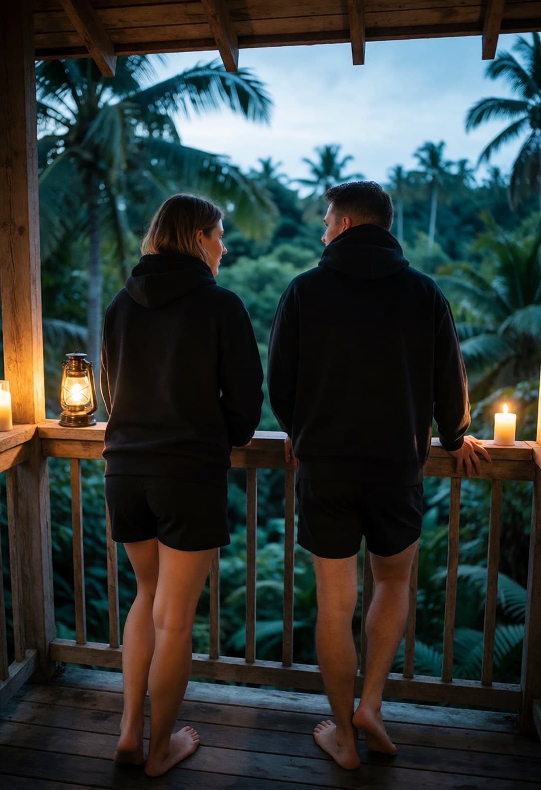 A black hoodie over a rattan chair on a teak villa deck above the jungle