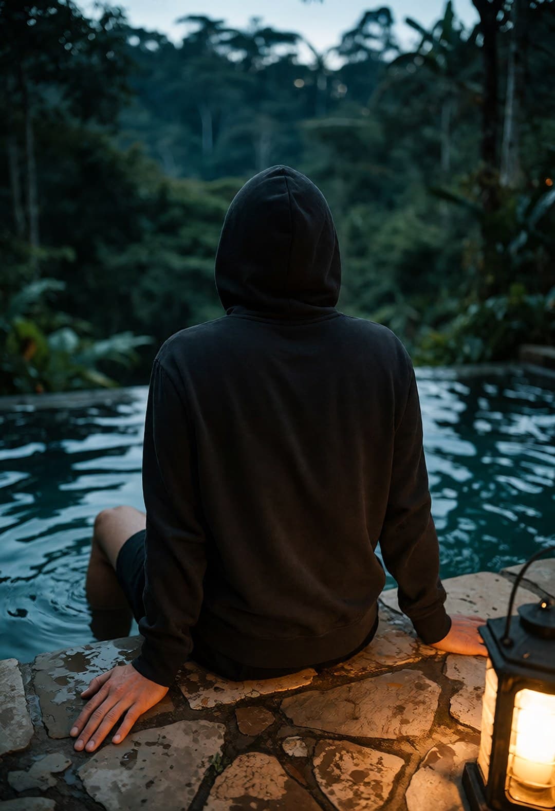 A black hoodie over a lounger at the edge of a jungle infinity pool at dusk