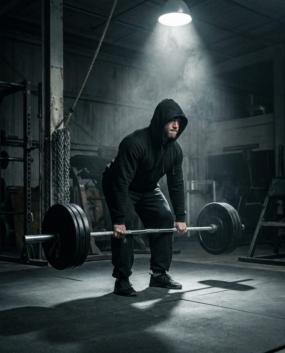 A lifter under the bar in a dark gym